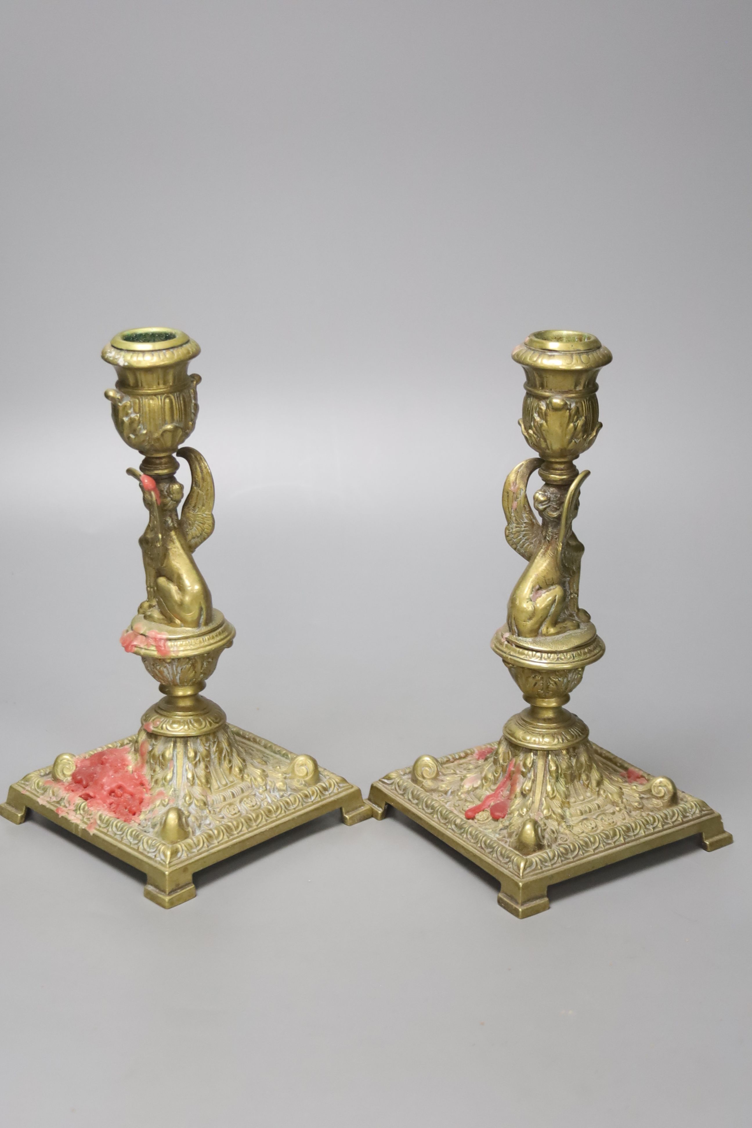 A pair of Victorian cast brass candlesticks, high 20cm